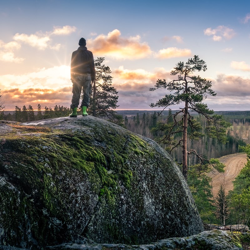 En bild av en man som står uppe på ett berg och ser ut över en åker.
