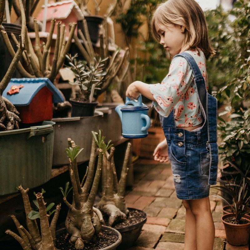 En bild av en flicka som vattnar blommor med en vattekanna