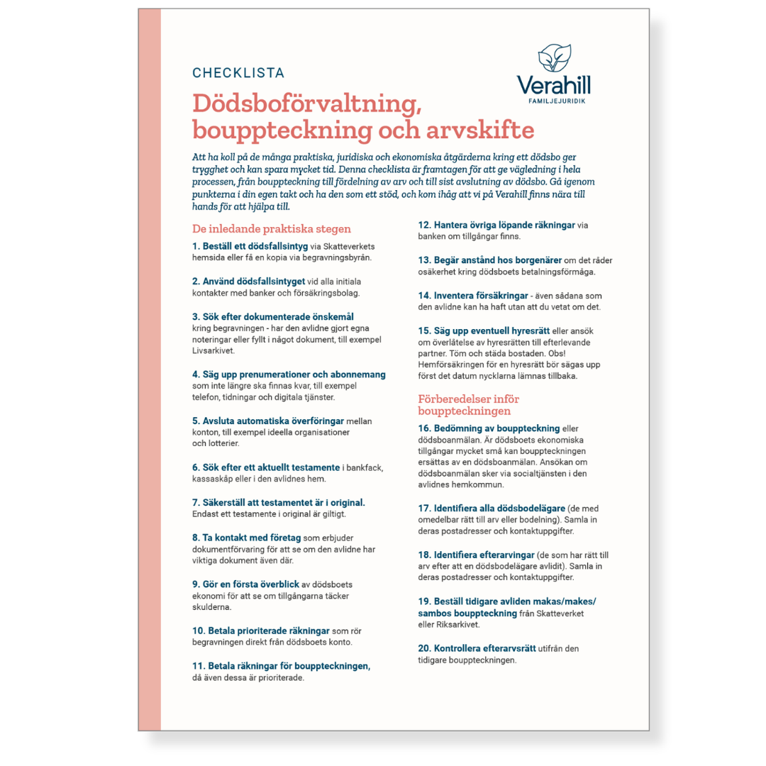 Verahill checklista dödsboförvaltning, bouppteckning och arvskifte